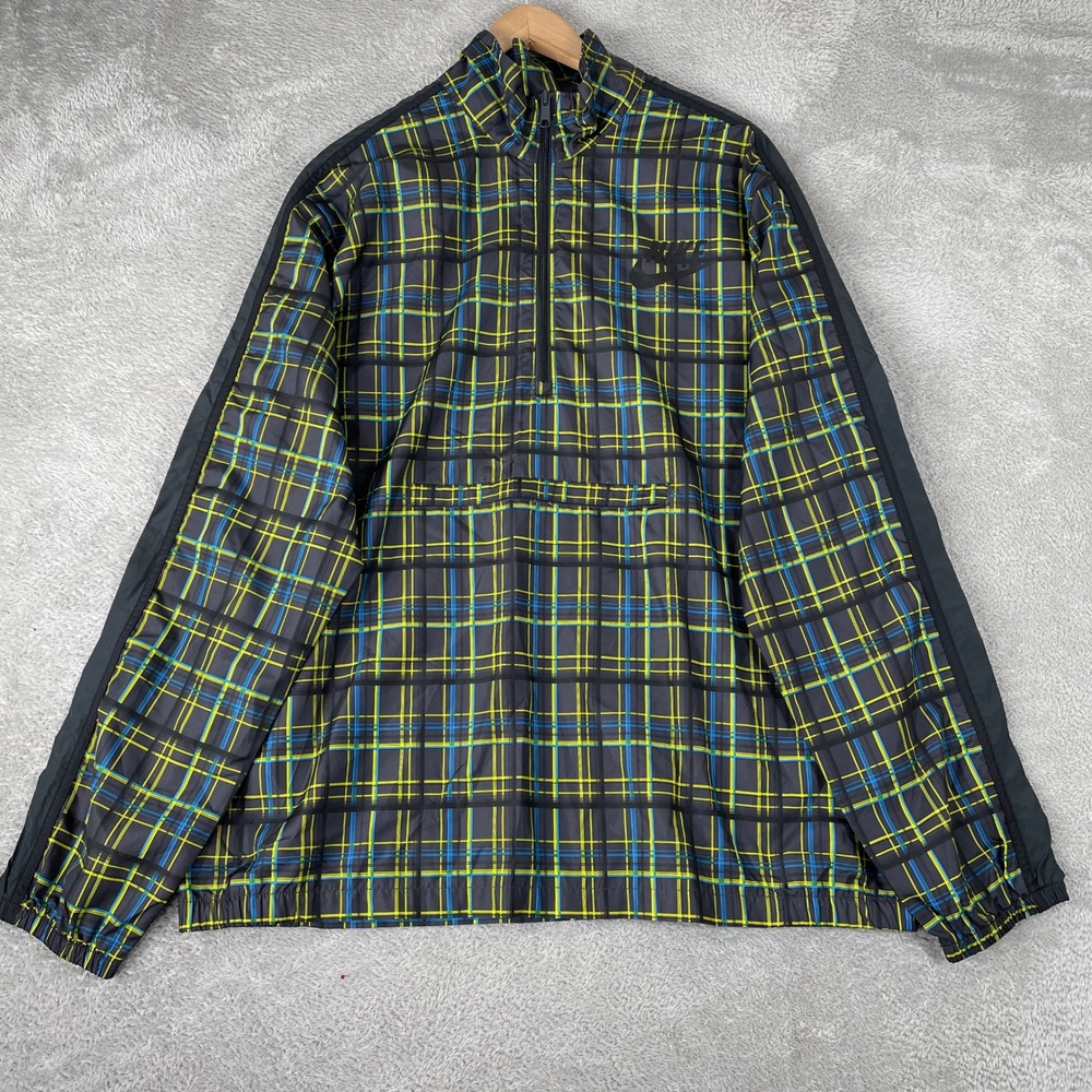 Nike Sportswear Windbreaker Mens Large Black Neon Plaid Y2K Half Zip Streetwear